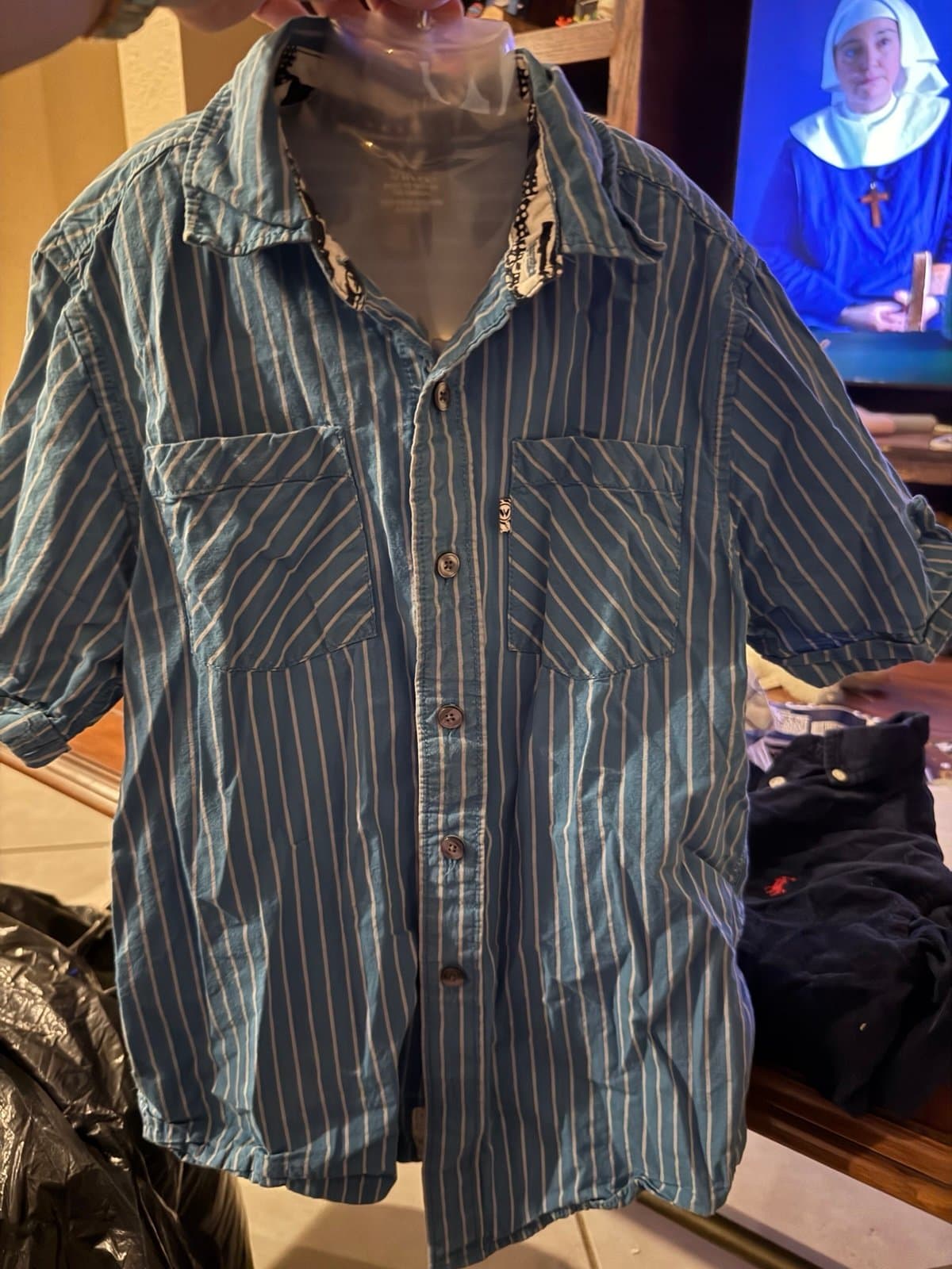 Shaun White blue striped short sleeve button up shirt M/M