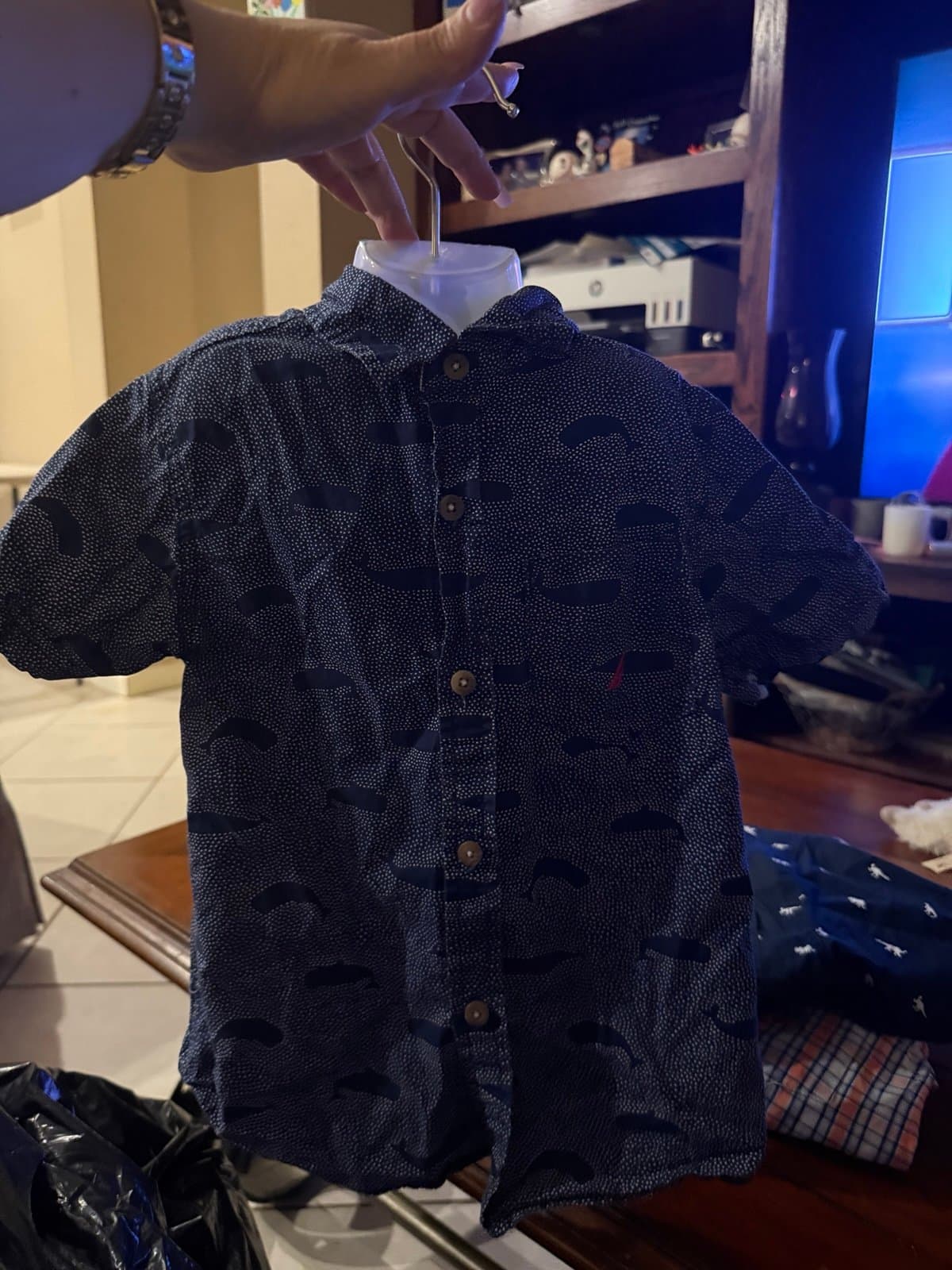 Nautica blue whale print short sleeve button up shirt size 4