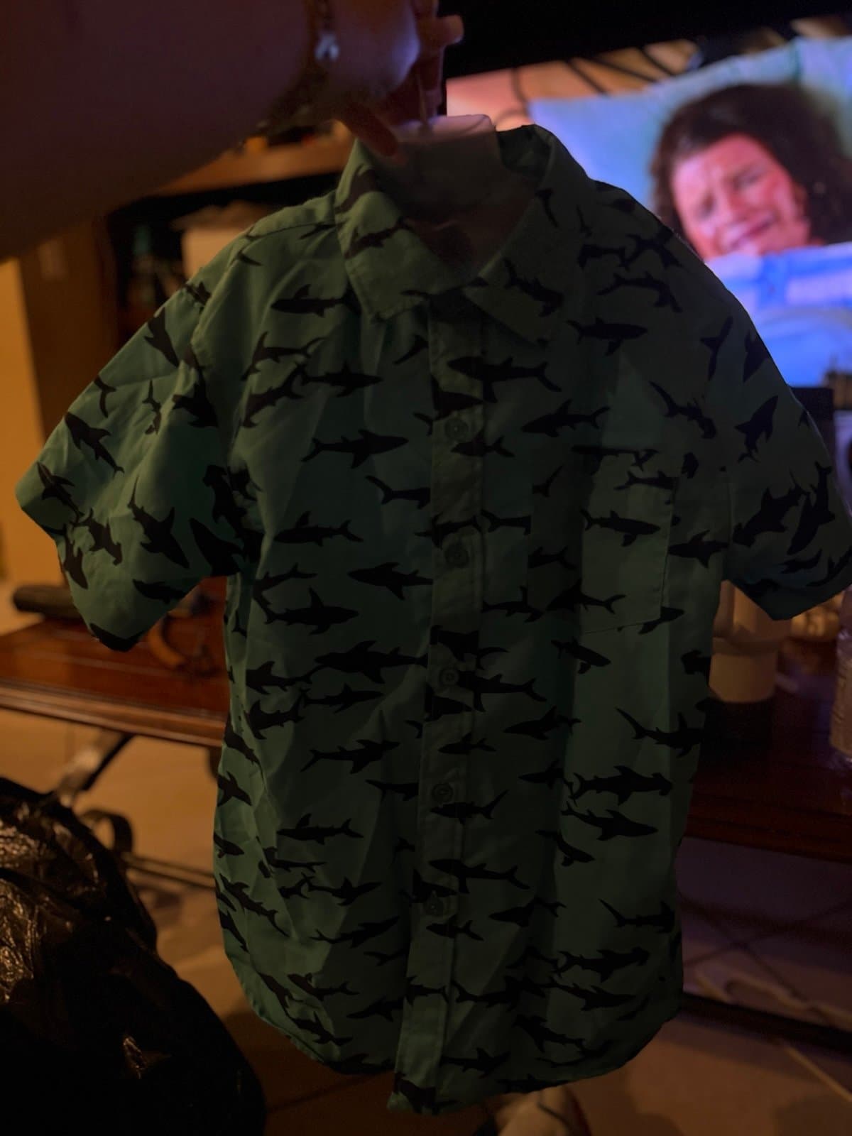 Bold Blue shark print short sleeve button-up shirt S