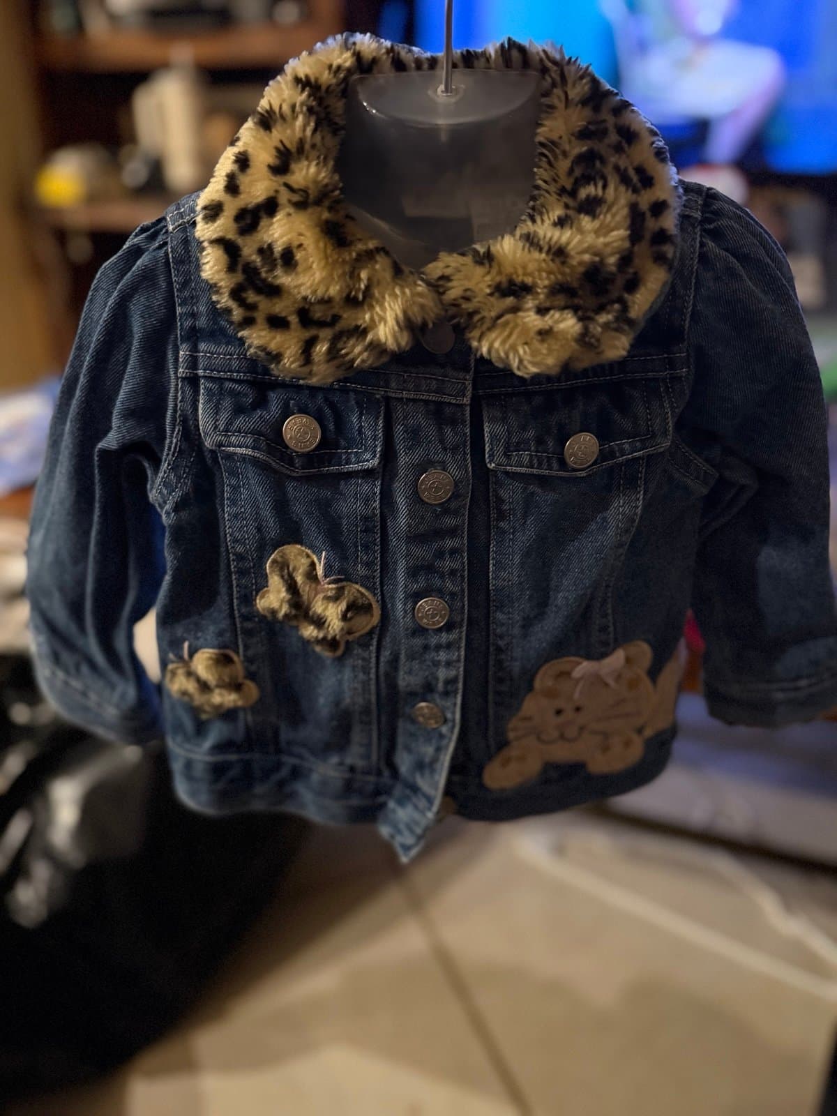 Kids Play 18M Denim Jacket with Leopard Collar and Animal Appliques