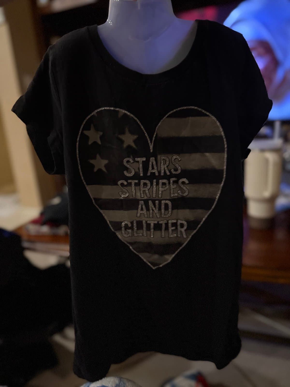 PS Aéropostale Black Stars Stripes Glitter Heart T-Shirt Size 10