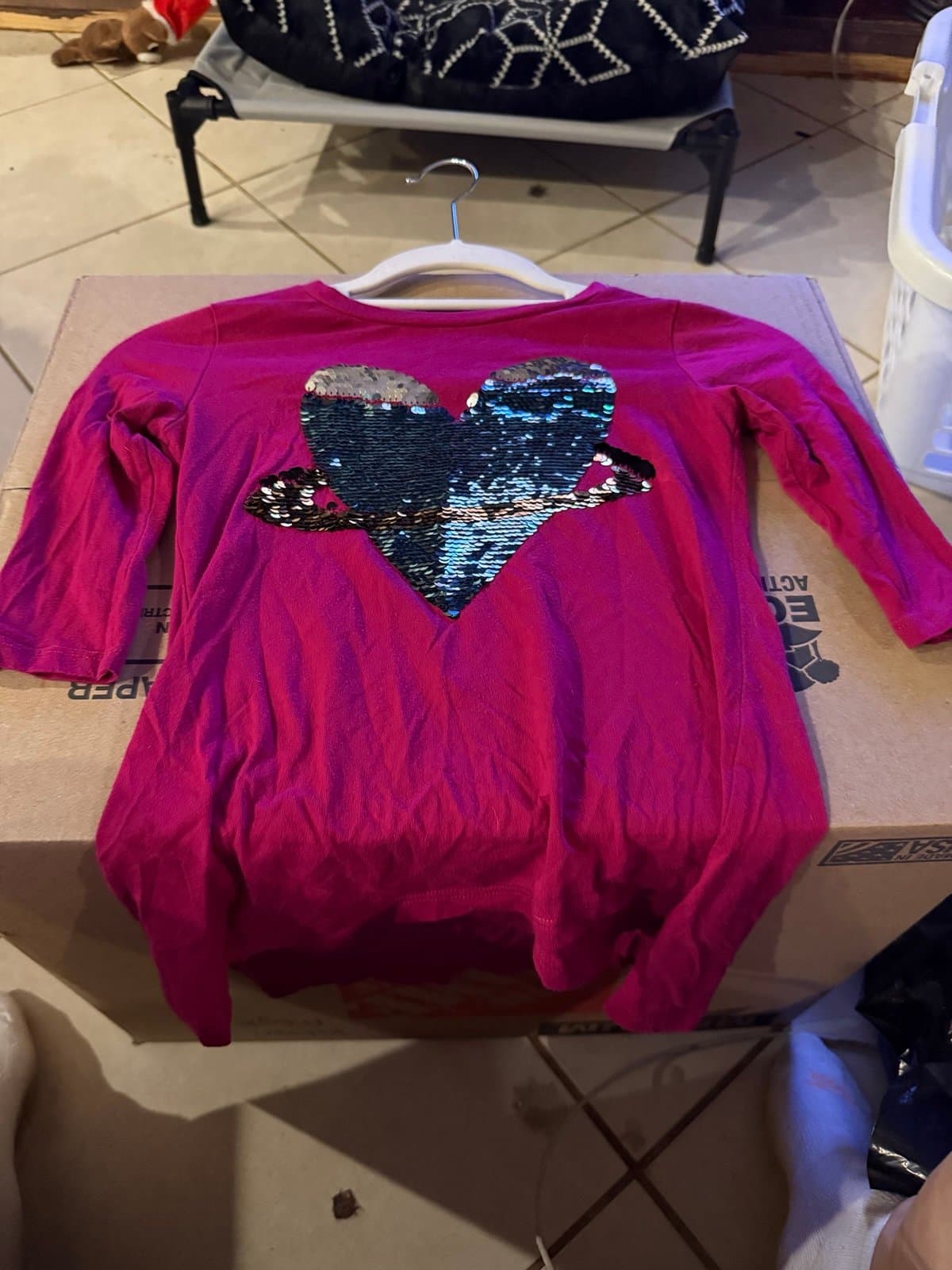 Total Girl Pink Sequin Heart Long Sleeve Shirt S(7/8)