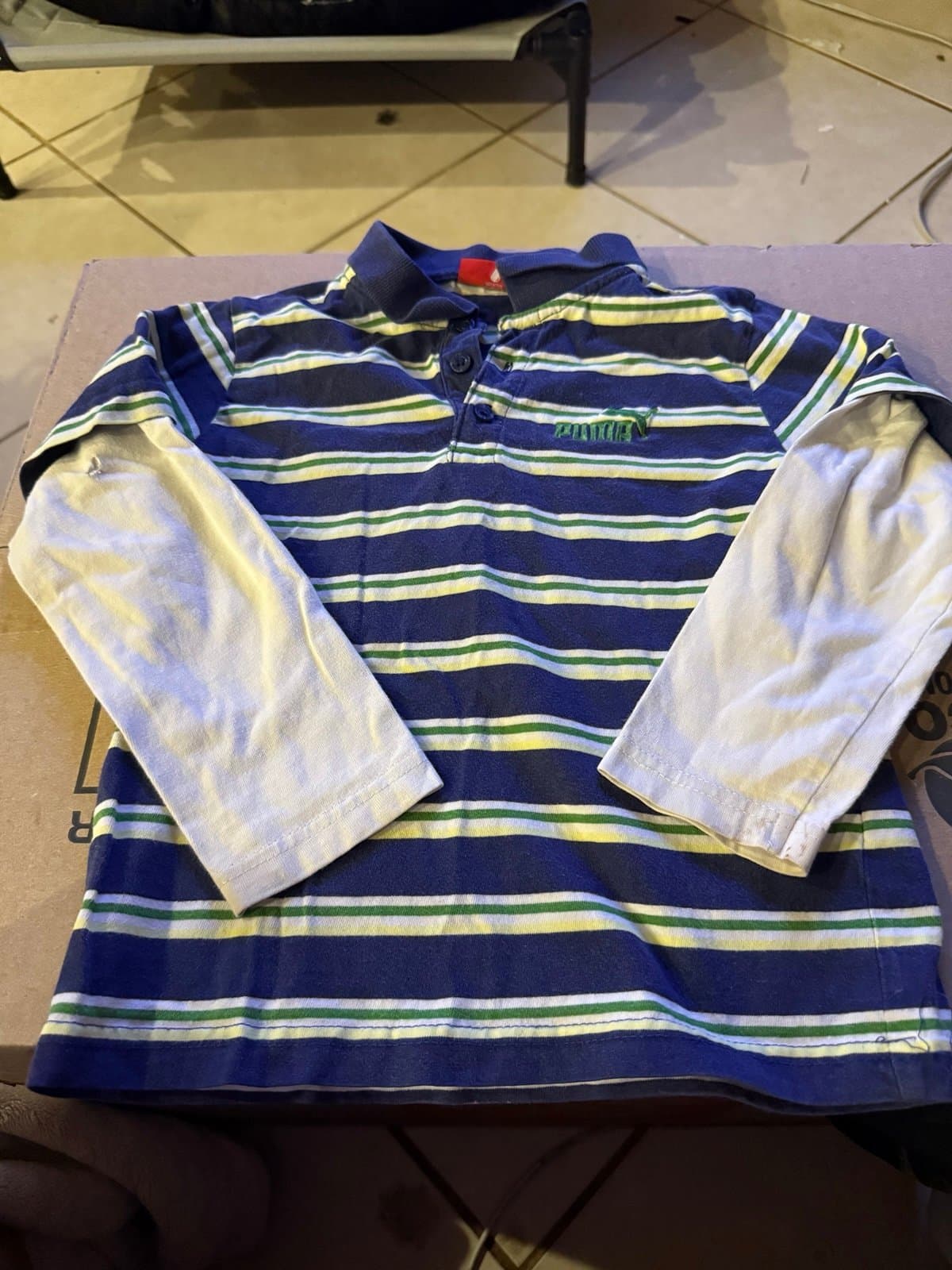 Puma 4T Striped Blue Yellow Green White Long Sleeve Polo Shirt