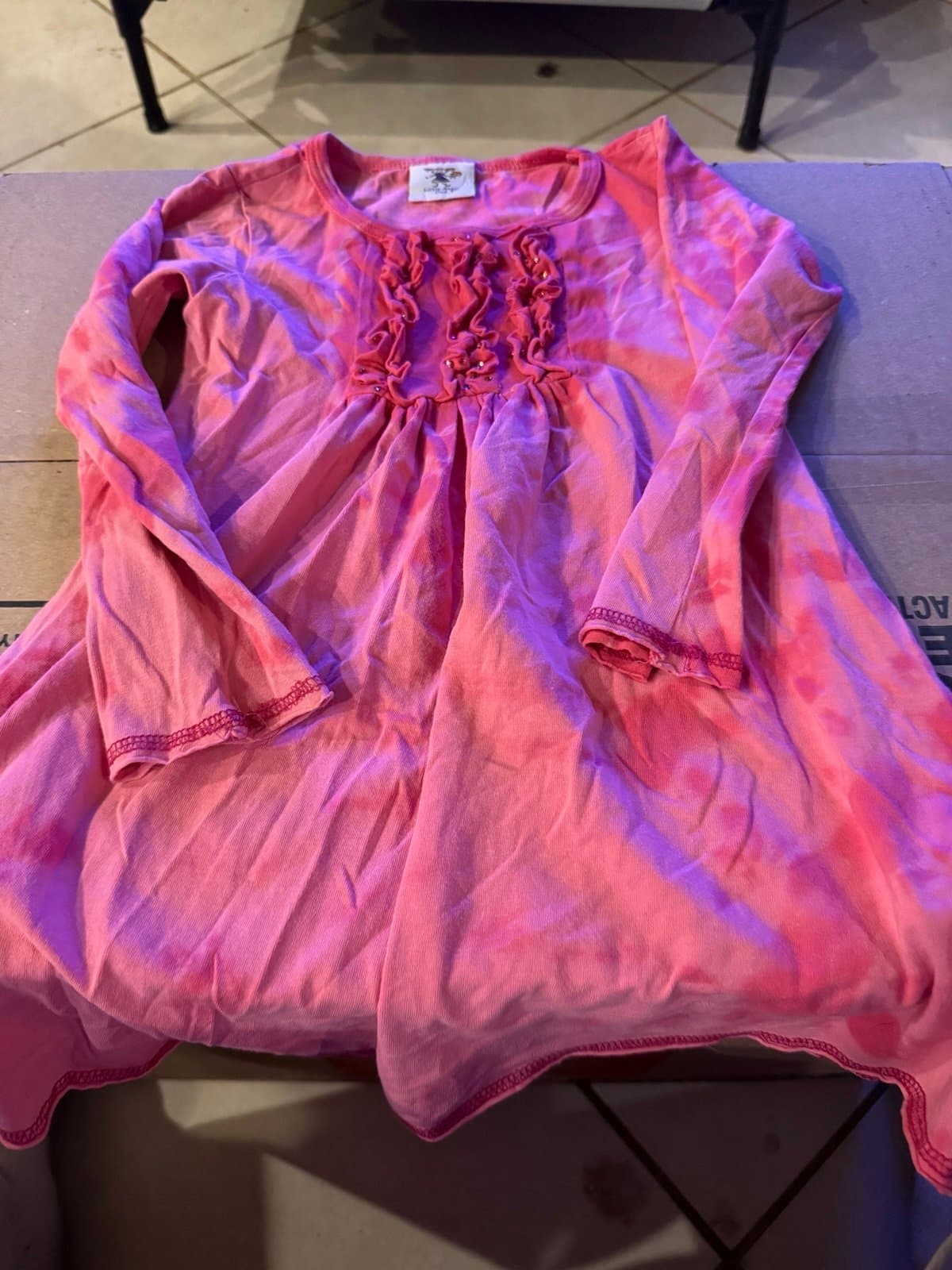 Girls Pink Tie-Dye Ruffled Long Sleeve Dress 4T