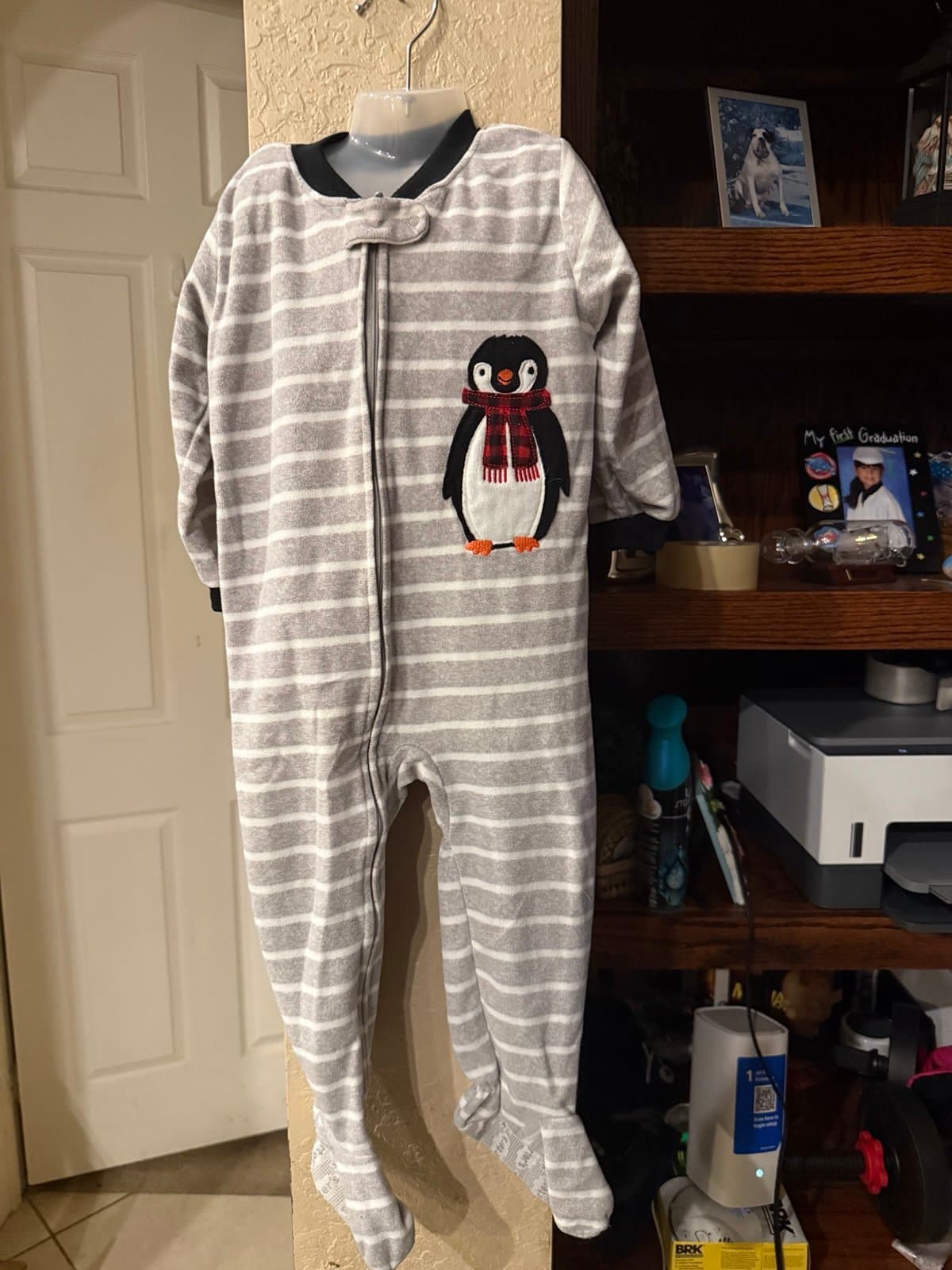 Baby grey white stripe penguin footed pajama