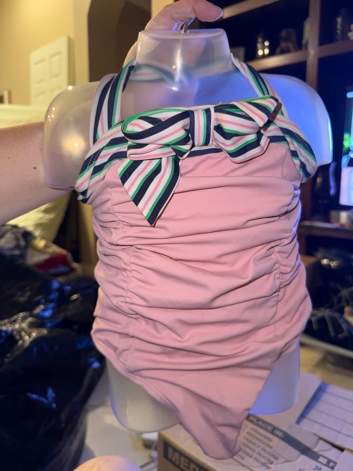 Janie and Jack pink one-piece swimsuit size 4 with striped bow