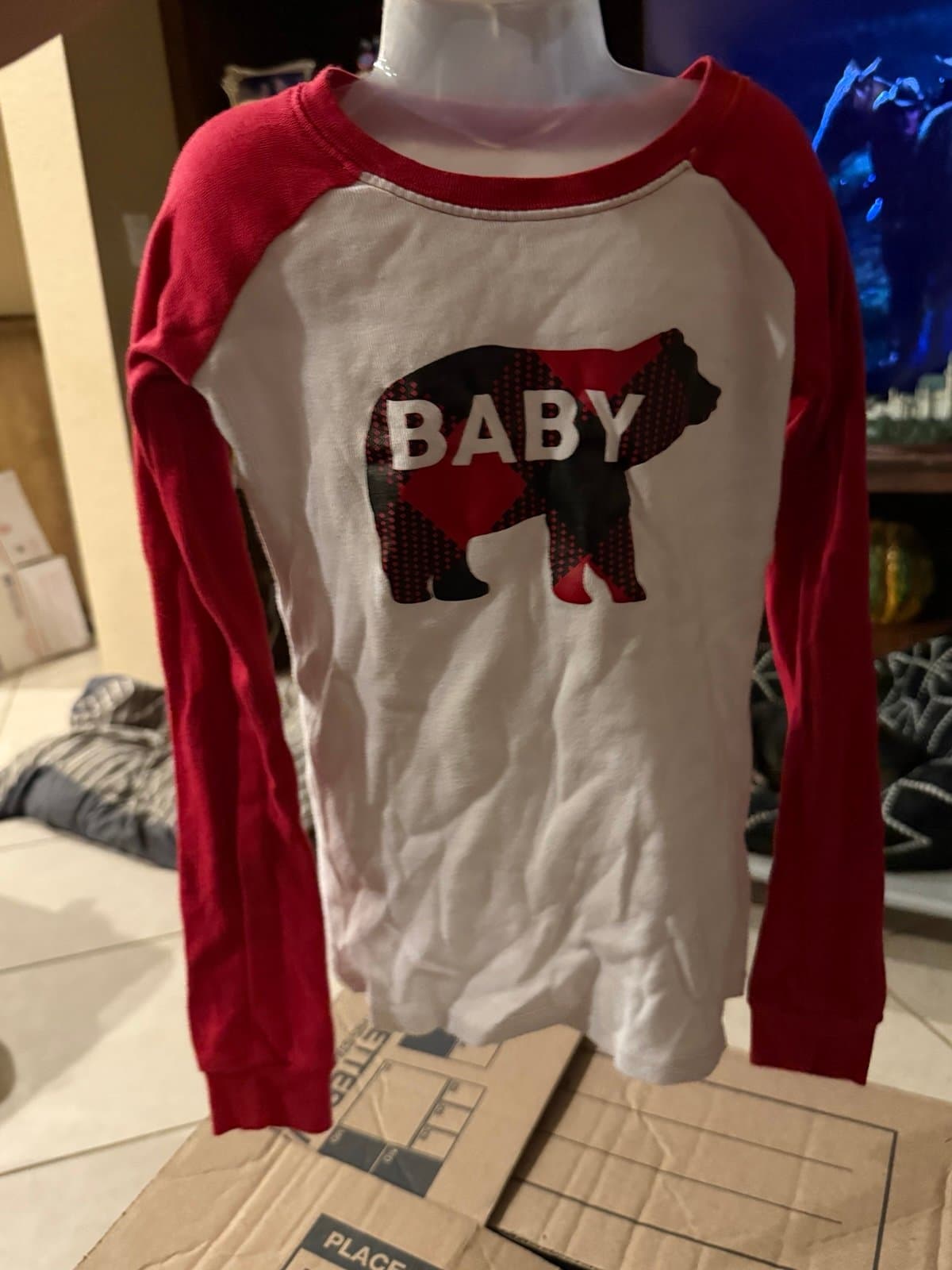 The Children's Place Red White Plaid Bear Baby Graphic Long Sleeve Shirt