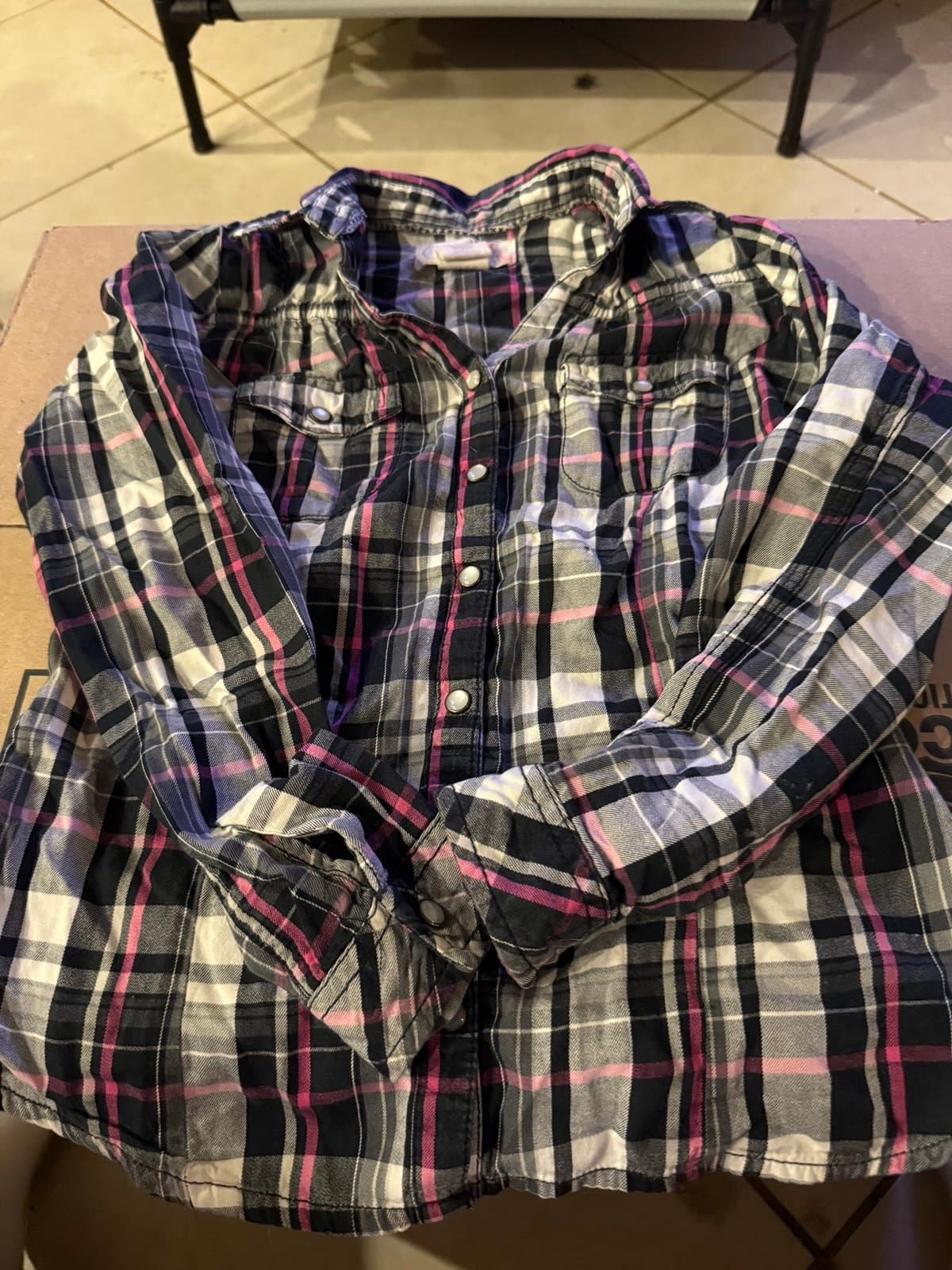 OP Girls Black White Pink Plaid Flannel Shirt M (7-8)
