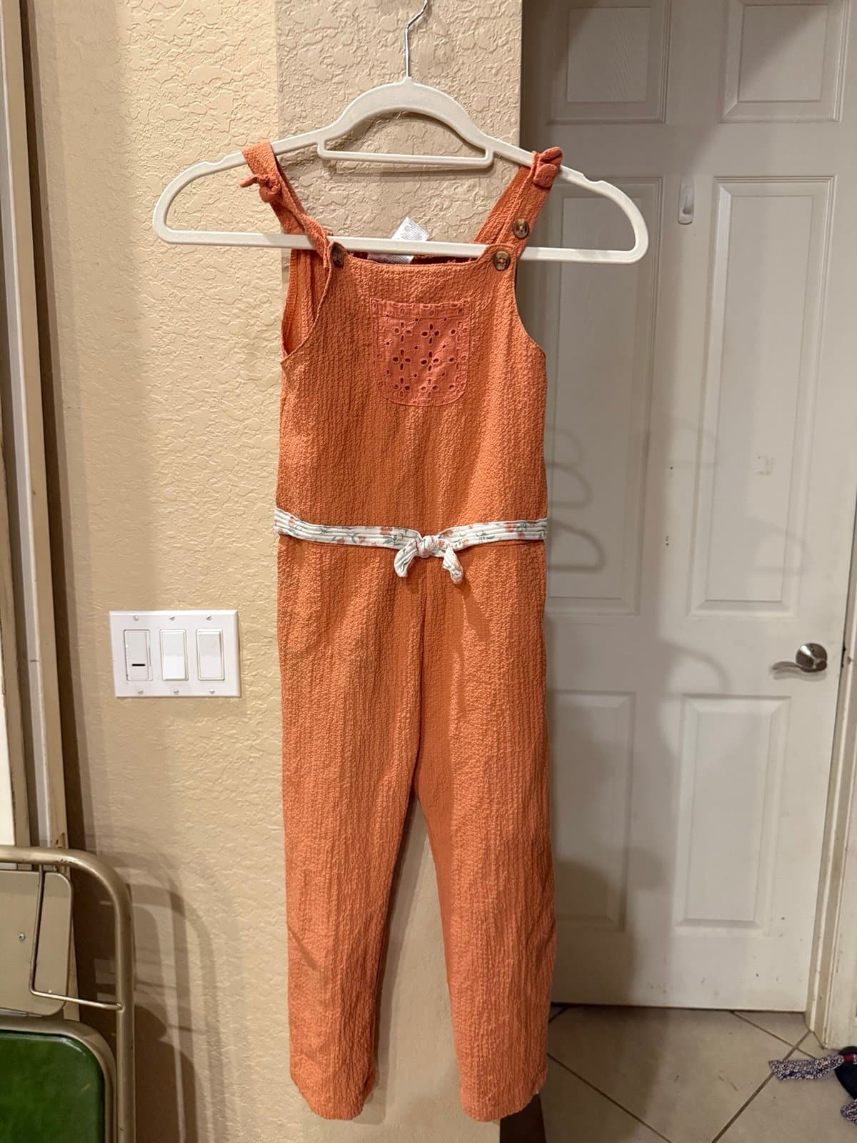 Little Lass Girls Orange Jumpsuit 6X with Floral Belt
