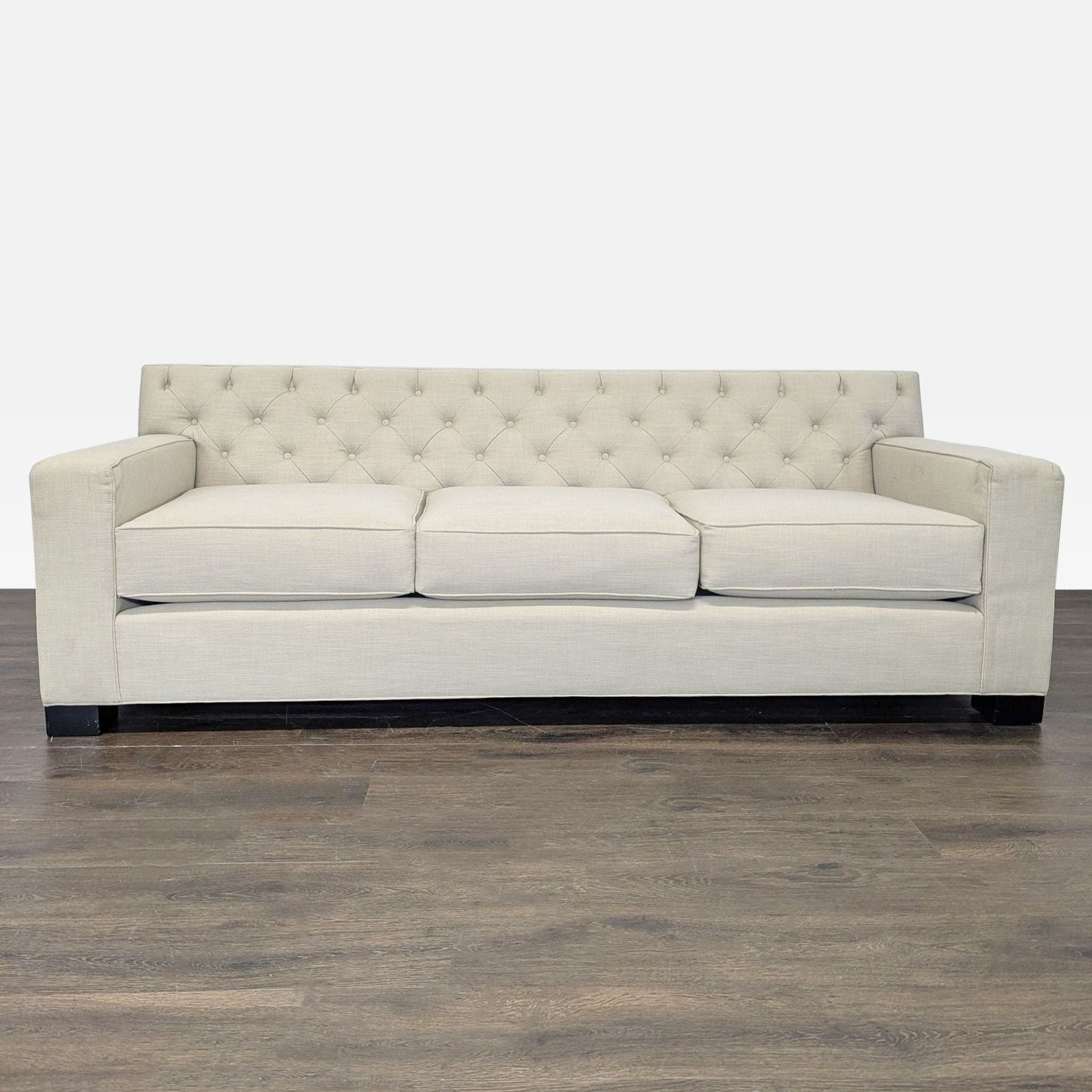 Modern Beige 3-Seat Sofa with Tufted Back and Square Arms