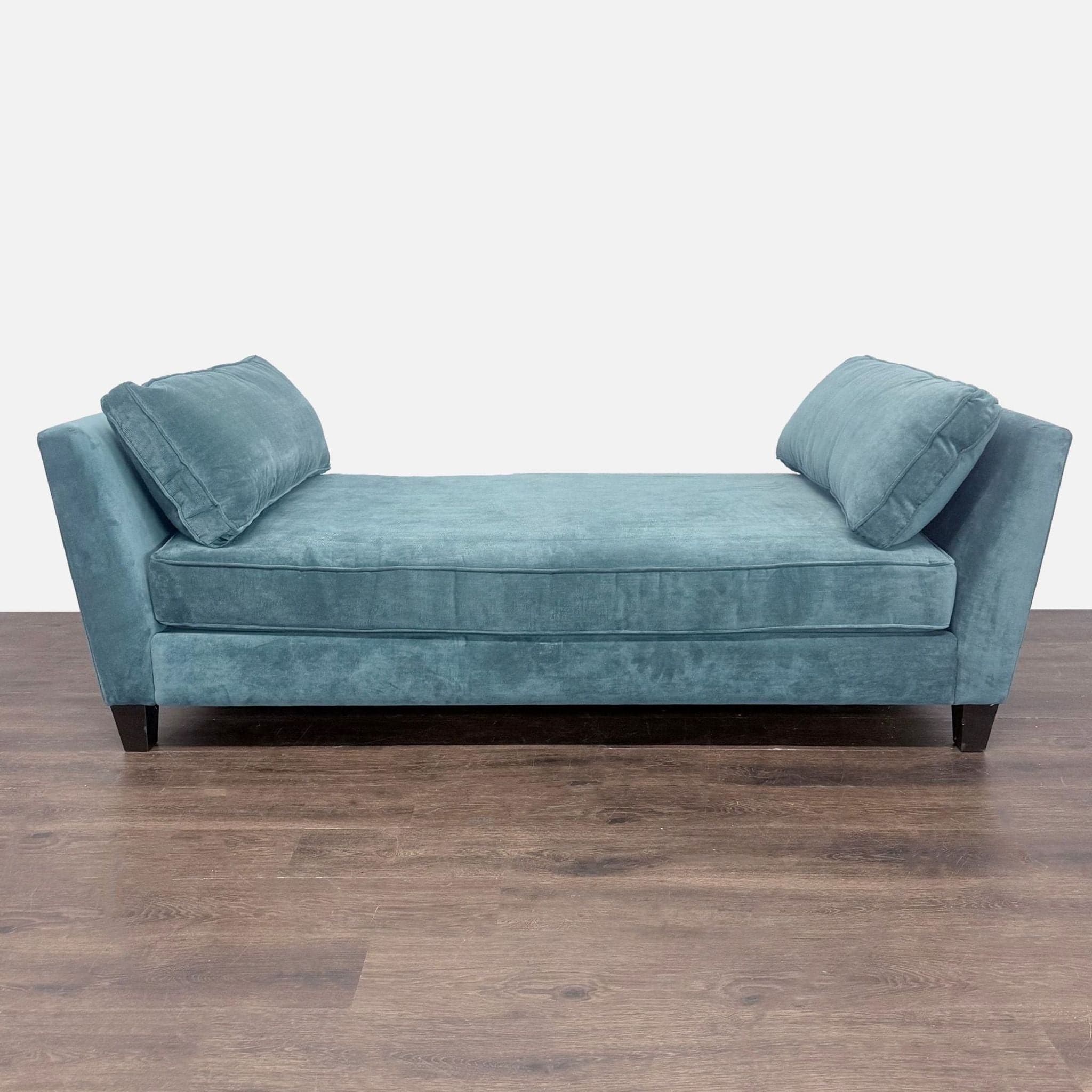 Living Spaces Blue Velvet Chaise Sofa with Modern Design