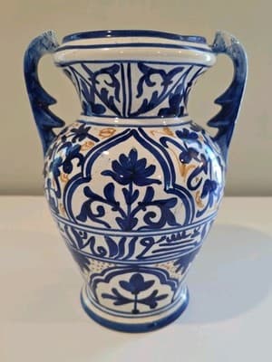 Blue and Yellow Talavera Majolica Two Handled Vase Made In Spain