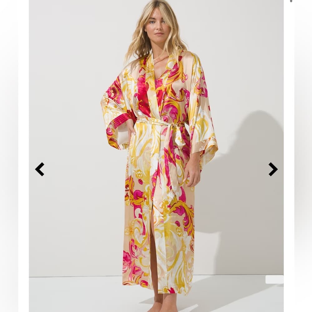 Soma Floral Satin Kimono Robe in Pink, Yellow & Cream