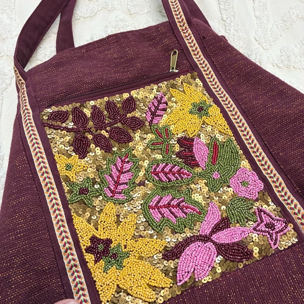 Hand-Embroidered Plum Shoulder Bag with Floral Beading