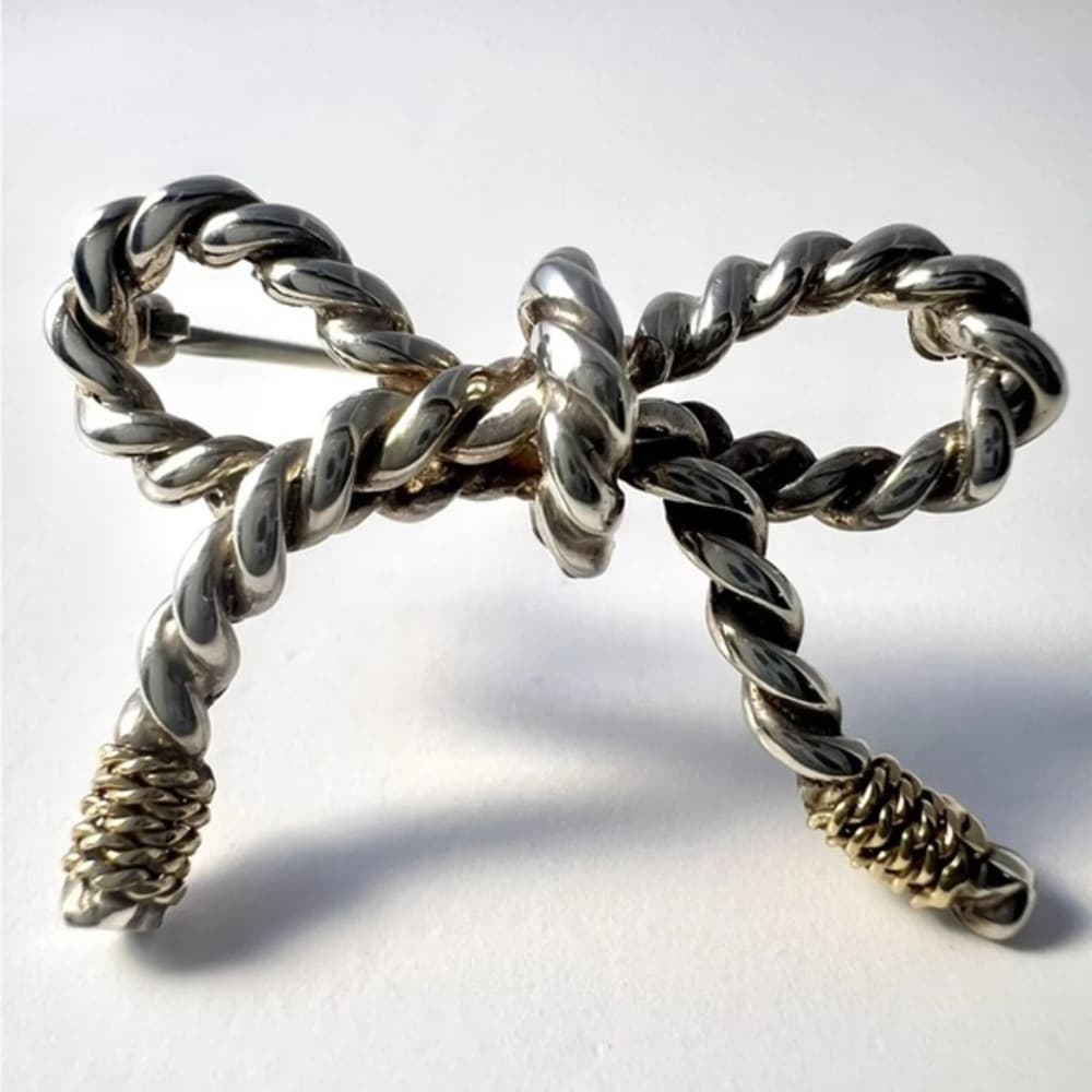 TIFFANY & CO. Sterling Silver 925 & 18K Gold Rope Ribbon Bow Brooch Pin (1772G)