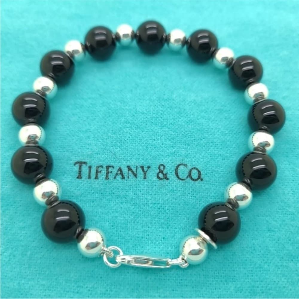 Tiffany & Co. 925 Sterling Silver & Black Onyx Beaded Ball 8" Inch Bracelet