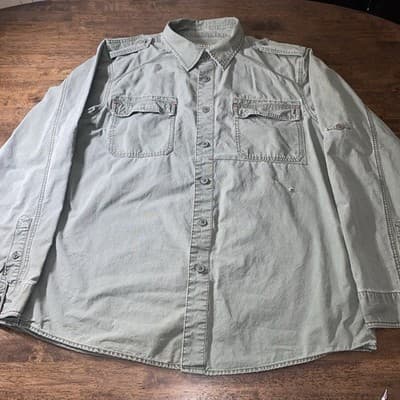Thrashed Goth Men’s Button Up Long Sleeve Military Shirt Faded Army Green