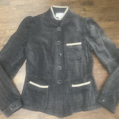Armani Jacket Blazer Classic Luxury Antinea Chenille Black Ruffle Trim Sz 6