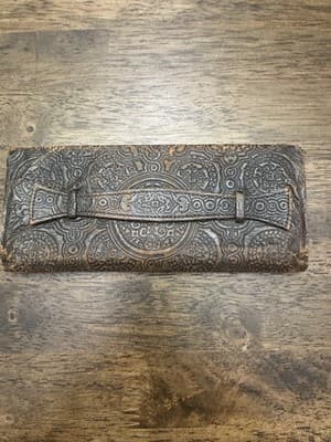 Vintage Hand Tooled Or embossed Leather Wallet Brass Frame Renaissance