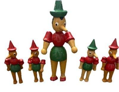 Italian 1950 Pinocchio Wooden Figurine Set of5 Handcrafted Lathe Turned Folk Art
