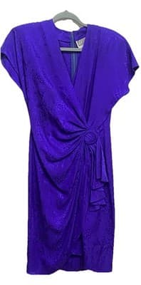 Pat Argenti Silk Embossed Print Dress in DEEP PURPLE Sz6P Shoulder Pads 80s