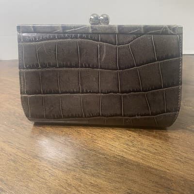 Cole Hahn Marissa Croco Embossed Leather Kiss Lock Wallet Gray