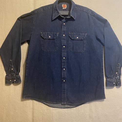 Pearl Snap Western Denim Work Shirt Cowboy Worn spot On left Cuff Mens XL