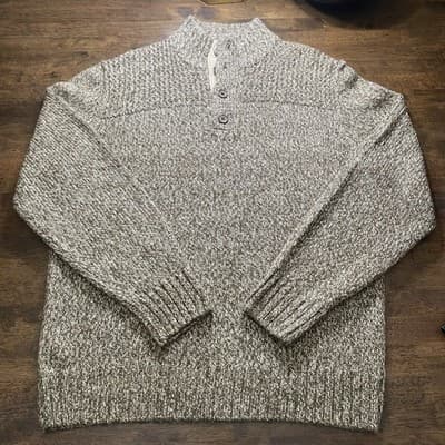 Mens Henley Sweater XL Brown Mock Neck Chunky Knit Classic Preppy
