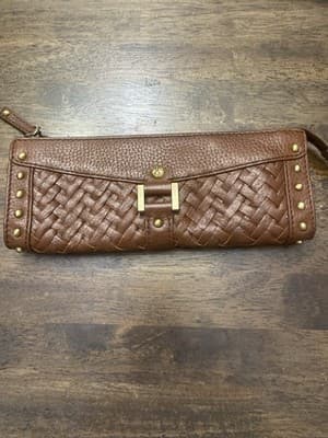 ColeHaan Woven Leather Wrap Around Zip Clutch Wallet Studded Basket Weave Cognac