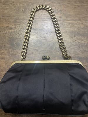 J. Crew Black Pure Silk Kiss Lock Chain Handle Formal Bag. 9”X 4” Strap Drop 8”