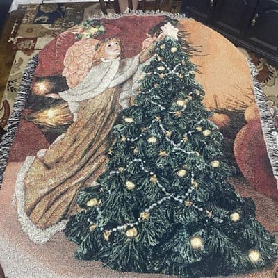 Christmas Tapistry Throw Angel Putting Star On Christmas Tree
