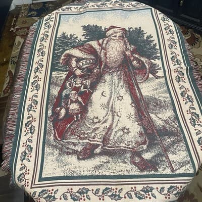 Old World Santa Woven Tapisry Throw Blanket Christmas Holiday Fringe Edge 50x60