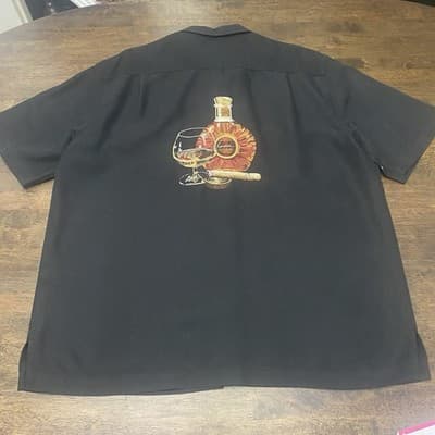 Caribbean Shirt Mens L Black Embroidered Cognac Brandy Glass Cigar Cruisewear