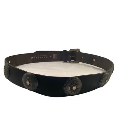 Express Black Leather Belt With Silver Toned Conches Sz Large 37”made In Italy
