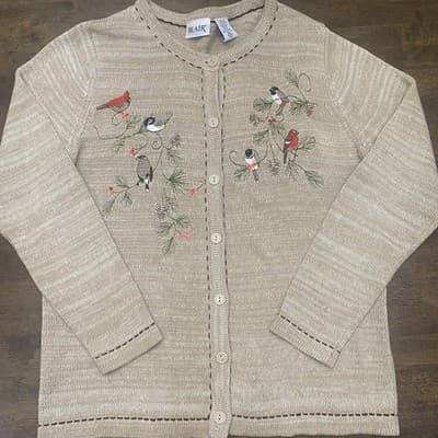 Blair CozyCotton Ramie Cardigan Christmas Cardinal Embroidered Ladies Med