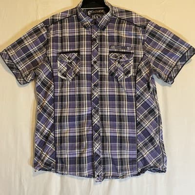 Mens Buckle Black Purple Plaid Snap Shirt Purple Black XL Front Pockets