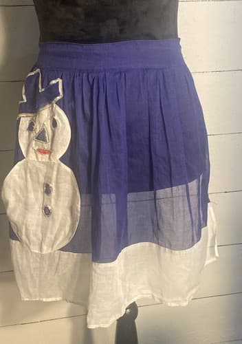 Vintage Organza Blue & White Apron Applicade Snowman Sheer Tied Back