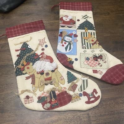 Vintage Christmas Stocking Embroidered Santa Patchwork Quilted Angels Trees
