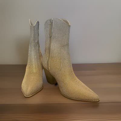 Hey Girl Corky’s Sz 8 Gold Bling Glam Ankle Boots Side Zip Cowgirl