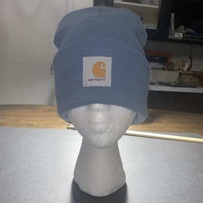 Carhartt Beanie Hat Mens One Size Fits All Rib Knit Cuff Logo Blue