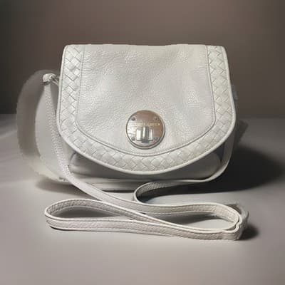 Elliott Lucca Rojo Ivory Leather Basket Weave Flap Close Crossbody Bag Purse