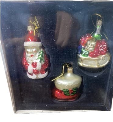 Christmas Ornaments Set Of 3 Vintage Glass Santa Stocking & Sleigh 1990s-2000s