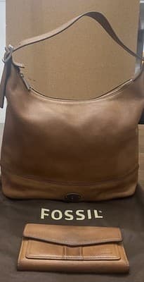 Fossil Brown Leather Hobo Shoulder Bag W Matching Wallet & Dust Bag