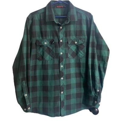 Design in Italy Men’s L Flannel Shirt Green Black Plaid Pockets Long Sleeve