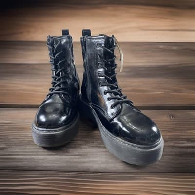 Black Vegan Patent Leather Combat Boots Goth Punk Thrashed Dark Fairy Platform 8