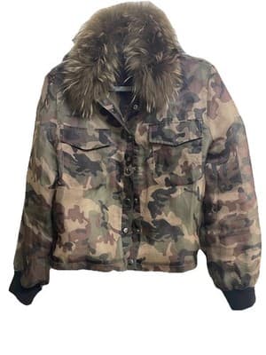 OOLALA Camo Mesh Jacket 395 Retail Removable Fur Collar Statement Piece Luxury