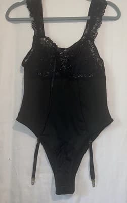 Lace-Up Lingerie Black Lace Bodysuit With Stocking Garters