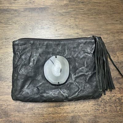 Evoke Womens Victoria Black Leather Agate Stone Clutch Bag Tassel