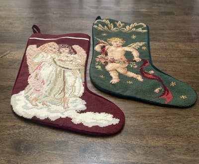 2 Lined Needlepoint Christmas Stockings Velvet Back Cranberry & Green Holiday