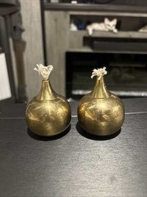 Two vintage Svend Jensen solid brass teardrop candles oil lamps mcm labels